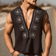 Men's Western Retro Bohemian Embroidered Black Vest Top