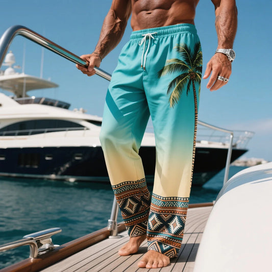 Tropical Palm Print Gradient Beach Pants for Men