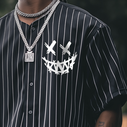 Men's Retro Casual Striped Smiley Face Hip Hop Baseball Button Short Sleeve T-Shirt MTA1474C2TO