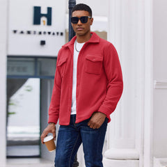 Red Button-Up Fleece Shirt Jacket with Chest Pockets