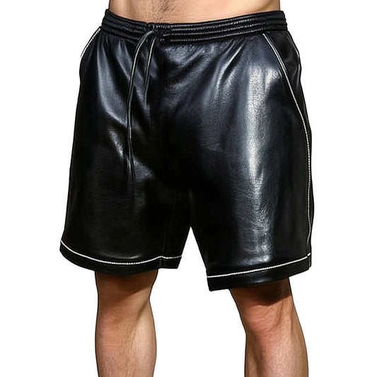 Men's Summer Basics Pure Black Loose Leather Shorts MTA0246D0U