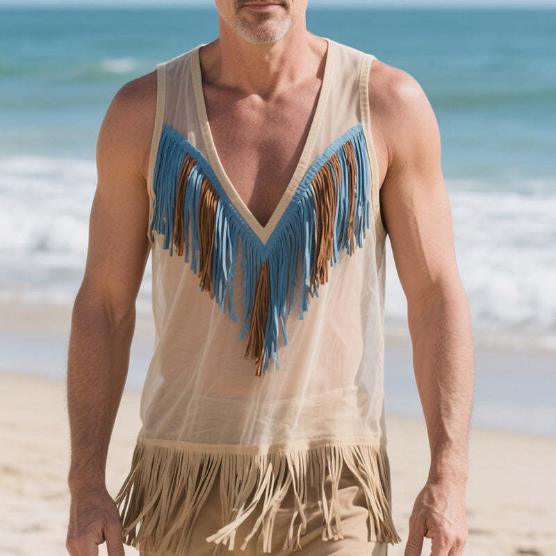 Men's Spring Fashion Suede Tassel Thin Tank Top MTA0729D1P