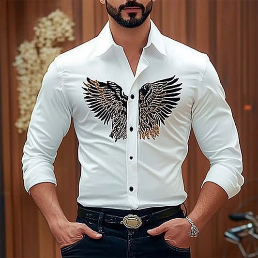 Men's Vintage Eagle Embroidery Cotton Slim Fit Long Sleeve Shirt 61726922U
