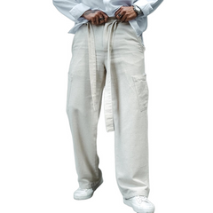 Men's Solid Cotton And Linen Mid Waist Straight Casual Pants MTA0179D8Z