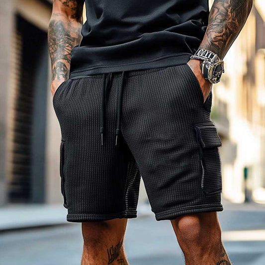 Men's Vintage Waffle Knit Surf Multi-Pocket Casual Walkshort Workwear Elastic Cargo Shorts