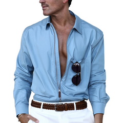 Men's Solid Lapel Zipper Placket Pocket Long Sleeve Shirt MTA0152D1Z