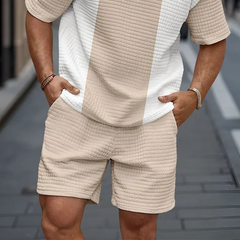 Men's Spring And Summer Casual Waffle Stitching Pullover T-shirt Shorts Set MTA1966C3K