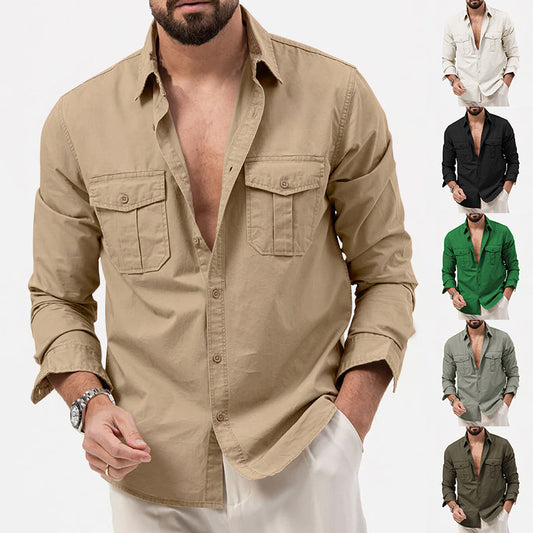 Men's Casual Button-Up Shirt With Chest Pockets - Perfect For Spring And Summer