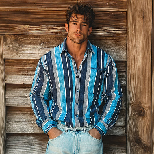 Men's Retro Colorblock Casual Striped Print Blue Loose Long Sleeve Shirt