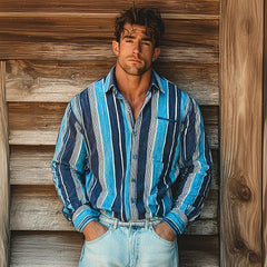 Men's Retro Colorblock Casual Striped Print Blue Loose Long Sleeve Shirt