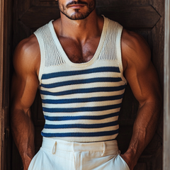 Men's Casual U Neck Navy Striped Slim Fit Knitted Tank Top MTA0898D9M