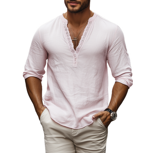 Men's Spring And Summer Casual Skin-friendly Cotton And Linen Seep V-neck Splicing Lace Shirt MTA2149C5K