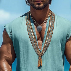 Men's Summer V-neck Retro Embroidered Cotton And Linen Tank Top MTA0928D1U