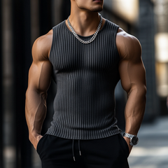 Men's Casual Cotton Stripe Round Neck Tight Tank Top MTA2111C8M