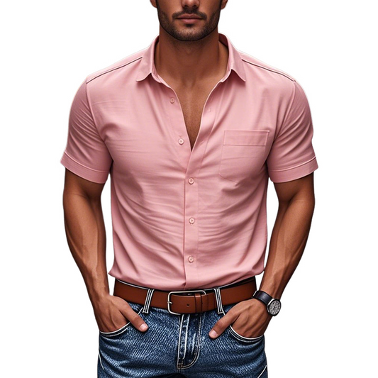 Men's Casual Cotton Lapel Patch Pocket Single Breasted Slim Fit Short Sleeve Shirt MTA3112C1M