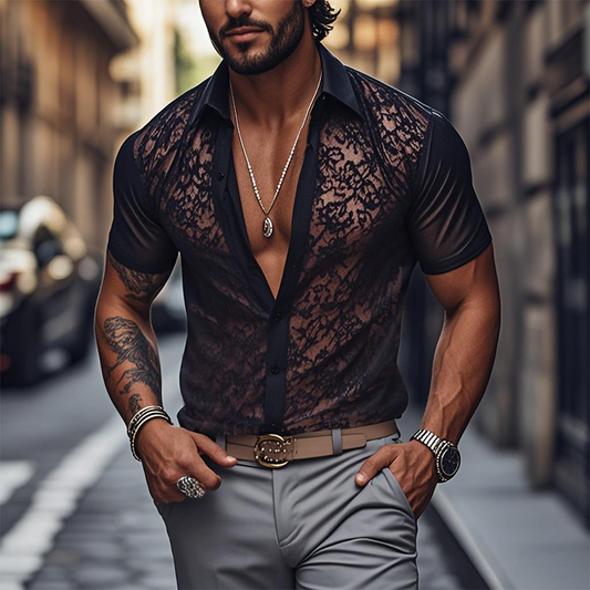 Men's Spring Fashion Sexy Lace Slim Black Short Sleeve Shirt MTA2751C0K