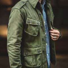 Military-Style Jacket with Striped Shirt Combo for Men - Perfect for Casual and Outdoor Adventures