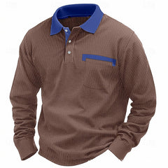 Stylish Long Sleeve Polo Shirt With Contrast Collar And Pocket Design For Men