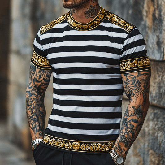 Men's Retro Casual Baroque Printed Round Neck Short Sleeve T-Shirt MTA2152C1TO