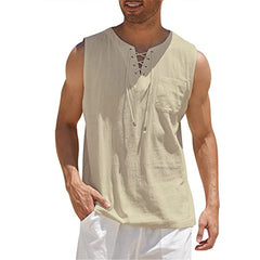 Men's Casual Lace-Up Neck Chest Pocket Sleeveless Vest Tank Top