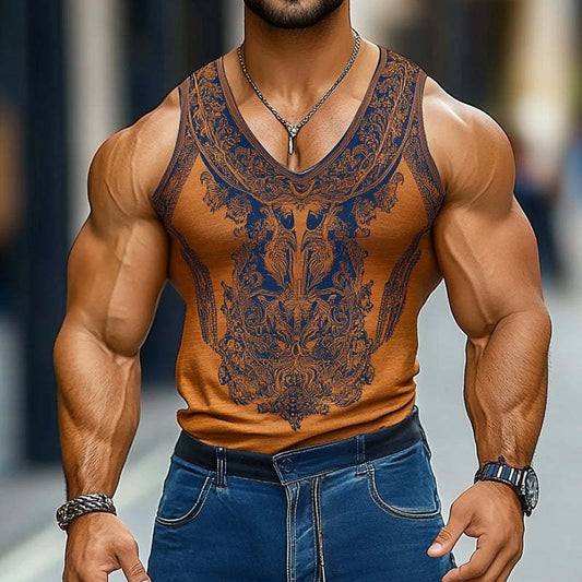 Men's Retro Ethnic Printed Round Neck Tank Top MTA0952D9TO