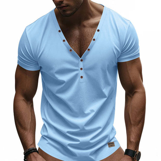 Men's Solid Color Cotton V-Neck Short Sleeve T-Shirt MTA0144D2X
