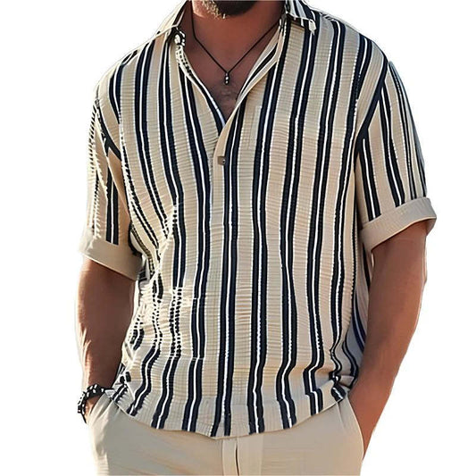 Men's Striped Lapel V-Neck Short Sleeve Shirt 27407407Y
