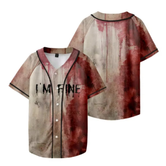 Distressed Baseball Jersey with "I'M FINE" Graphic - Perfect for Casual Wear and Halloween