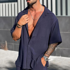 Men's Solid Loose Lapel Short Sleeve Shirt MTA0812D8Z