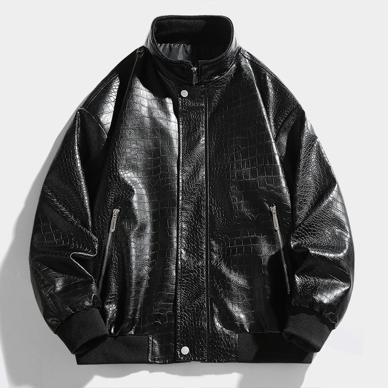 Men's Fashion Crocodile - Pattern Faux Leather Stand Collar Single Breasted Stylish Jacket