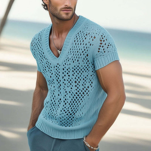 Men's Summer Fashion V-neck Knitted Mesh Breathable T-shirt MTA0240D7U