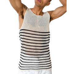 Men's Casual Round Neck Hollow Stripe Knitted Tank Top MTA0763D1M