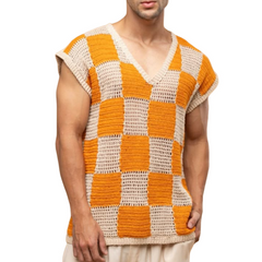 Men's Casual V-Neck Check Jacquard Breathable Loose Knitted Tank Top MTA0747D1M