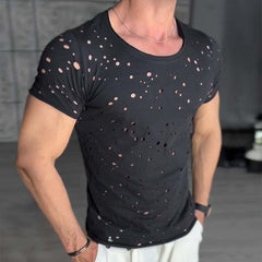 Men's Retro Casual Cotton Irregular Hole Round Neck Short Sleeve Shirt MTA2702C1TO