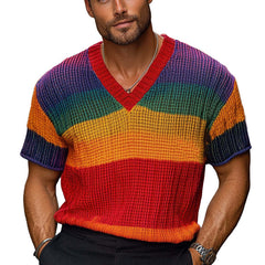 Men's Rainbow Stripe Knitted Short Sleeve Sweater T-Shirt MTA1765C4X
