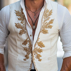 Men's Vintage Gold Embroidered Cotton And Linen Vest MTA2778C6U