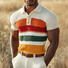 Men's Casual Lapel Color Striped Soft Knitted Short Sleeve Polo Shirt MTA0827D4M