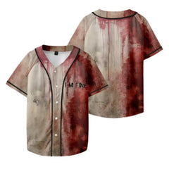 Distressed Baseball Jersey with "I'M FINE" Graphic - Perfect for Casual Wear and Halloween
