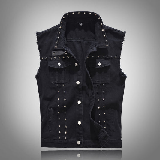 Edgy Rivet-Embellished Denim Vest for Men - Perfect for Urban Style and Casual Wear