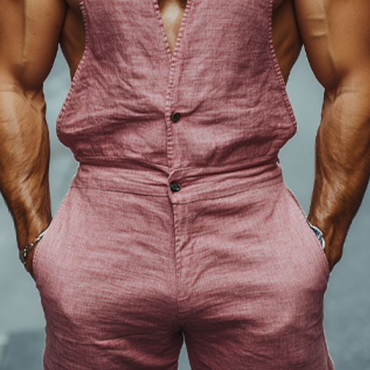 Men's Spring And Summer Fashion Casual Deep V-Neck Cotton And Linen Tank Top Pants Jumpsuit MTA0994D6K