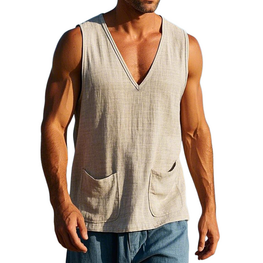 Men's Retro Casual Linen Solid Pocket V-Neck Tank Top MTA3102C6TO