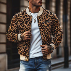Men's Vintage Leopard Print Colorblock Zip-Up Bomber Jacket 58817018Y