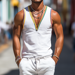 Men's Fashion Casual Deep V-Neck Colorful Ribbon Cotton And Linen Tank Top MTA0999D0K
