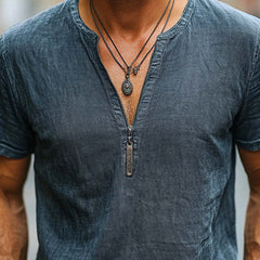 Men's Dark Blue Distressed Half-Zip Casual T-Shirt MTA2640C0U