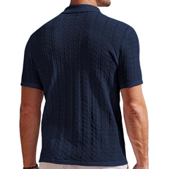 Men's Casual Lapel Hollow Jacquard Knitted Slim Fit Short Sleeve Cardigan MTA1458C7M