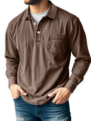 Men's Casual Long Sleeve Button-Up Polo Shirt with Chest Pocket