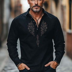 Men's Comfortable Cotton And Linen Embroidered Button Collar T-Shirt MTA2701C6U