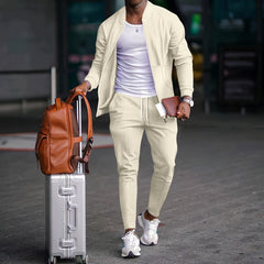 Men's New Autumn & Winter Waffle-Knit Baseball Jacket Set: Pocket & Zipper Design