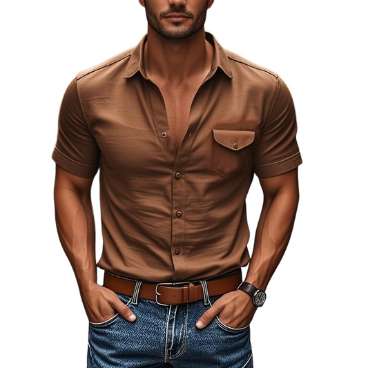 Men's Casual Cotton Lapel Chest Pocket Single Breasted Slim Fit Short Sleeve Shirt MTA3118C9M