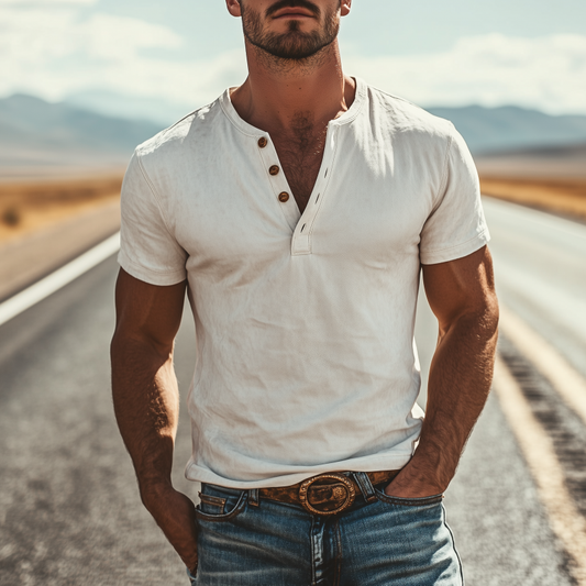 Men's Classic American Vintage Henley Collar Suede Short Sleeve T-Shirt 18517480K